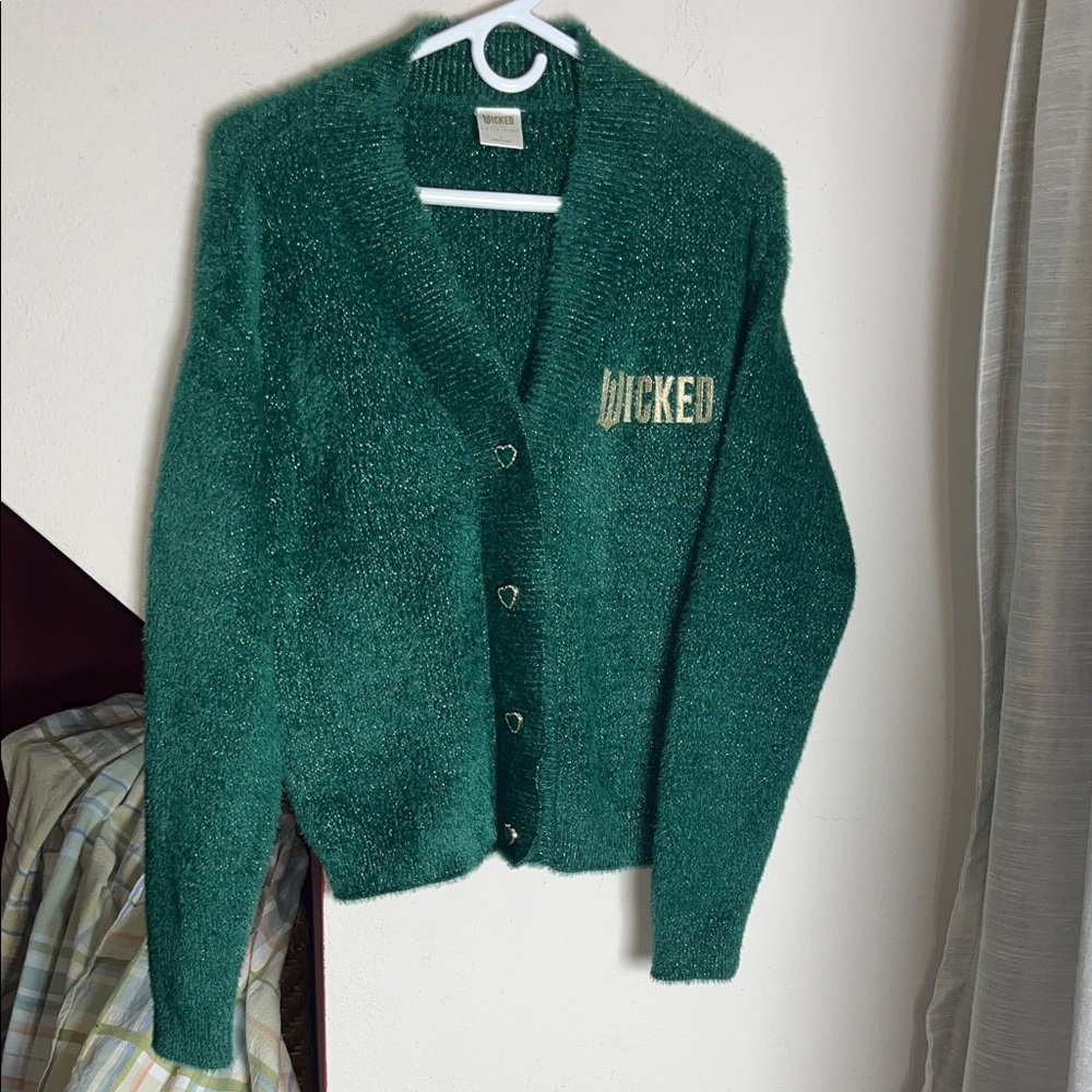 WICKED by Katie Kime Fuzzy Green Women's Sweater With Heart Buttons S